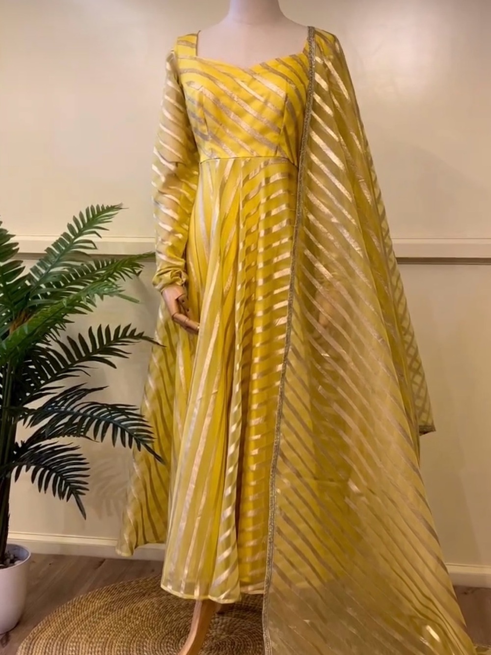Elegant Yellow Striped Women's Anarkali Dress with Dupatta